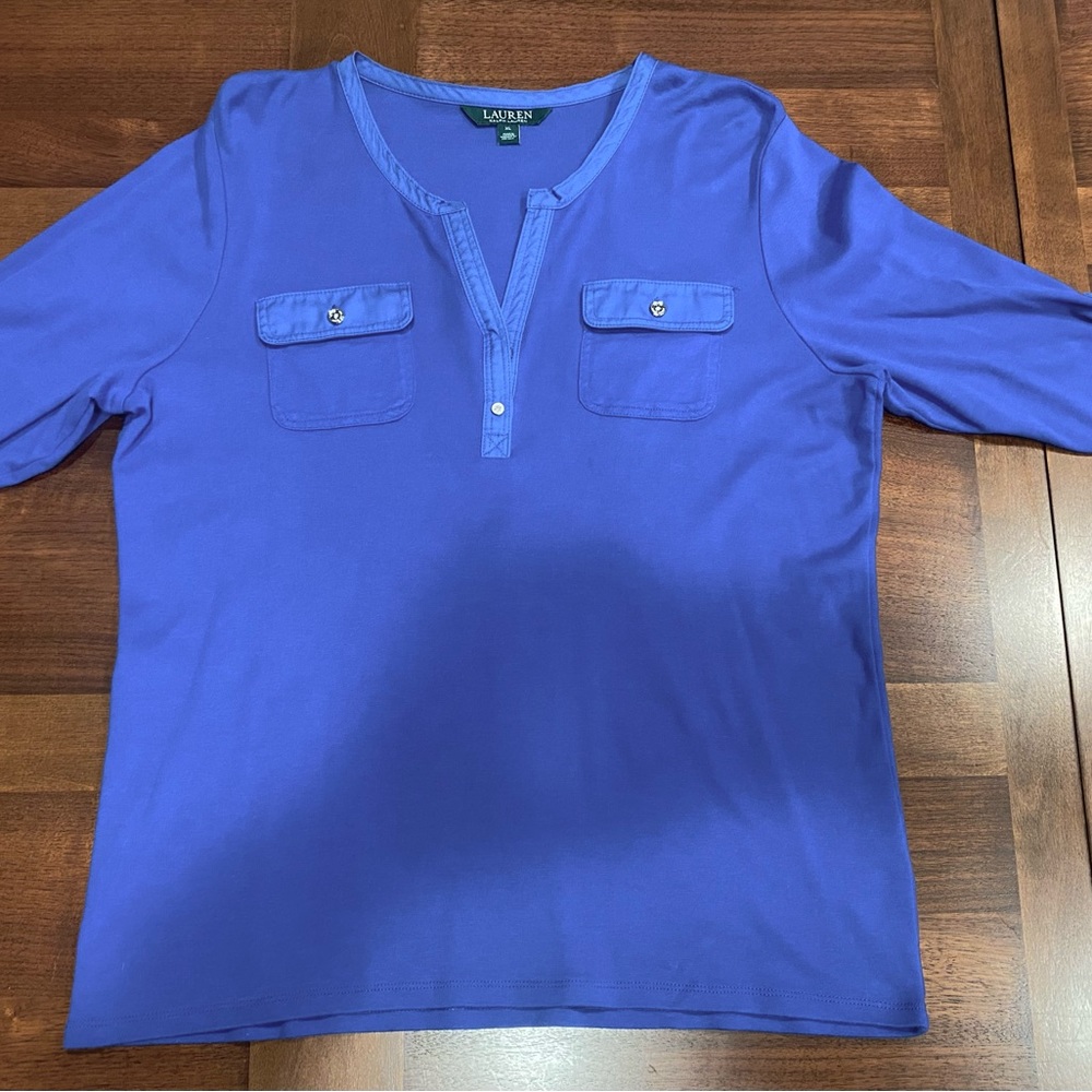 Lauren by Ralph Lauren, Cotton Henley T-shirt with roll tab sleeves, Blue, Sz XL